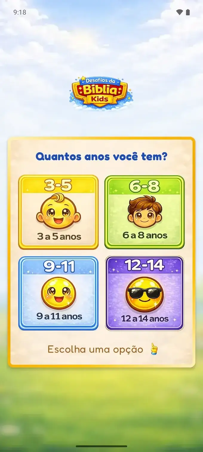 Seleção de idade no app infantil bíblico Desafios da Bíblia Kids para Android