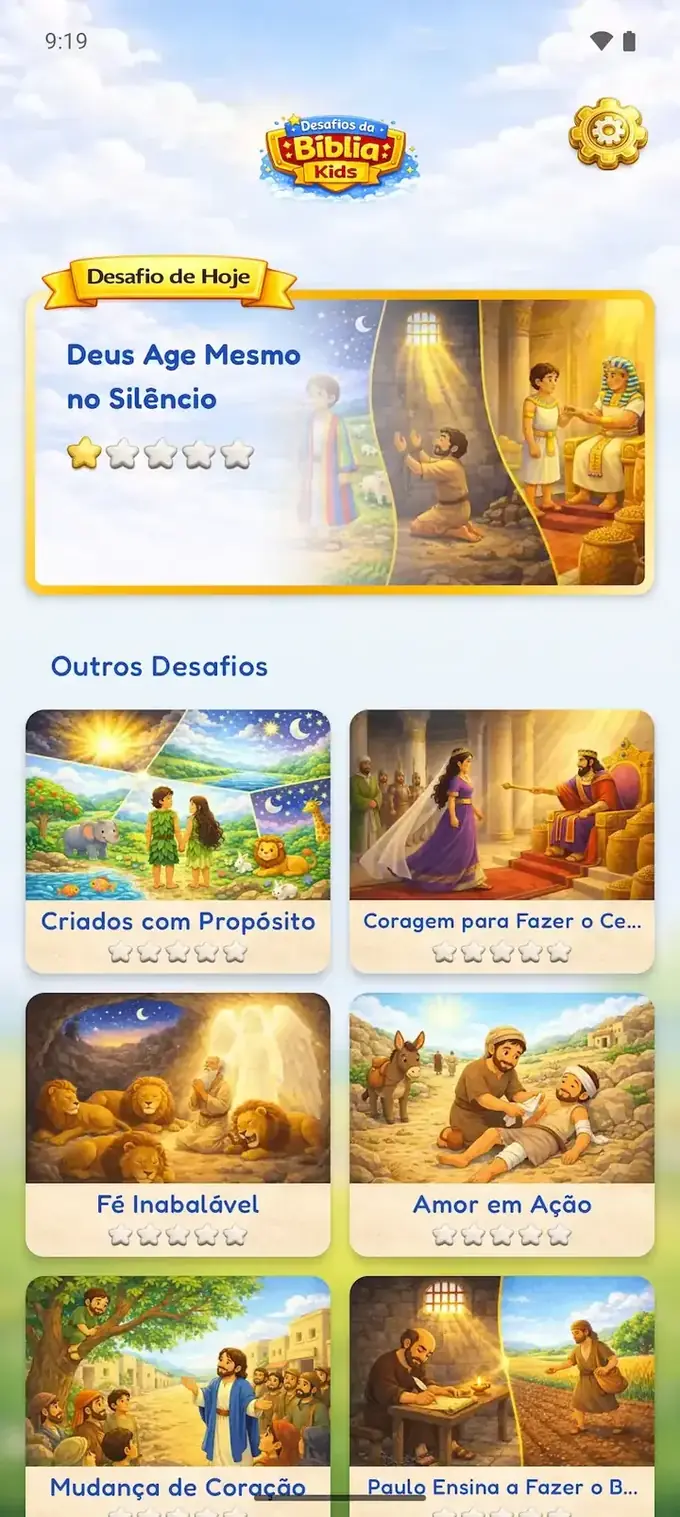 Lista de desafios e histórias bíblicas no Desafios da Bíblia Kids para Android