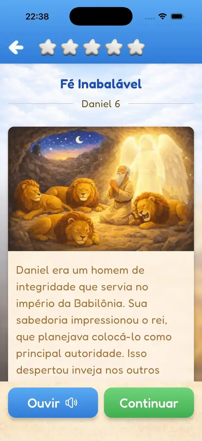Tela da história no app Desafios da Bíblia Kids para iPhone