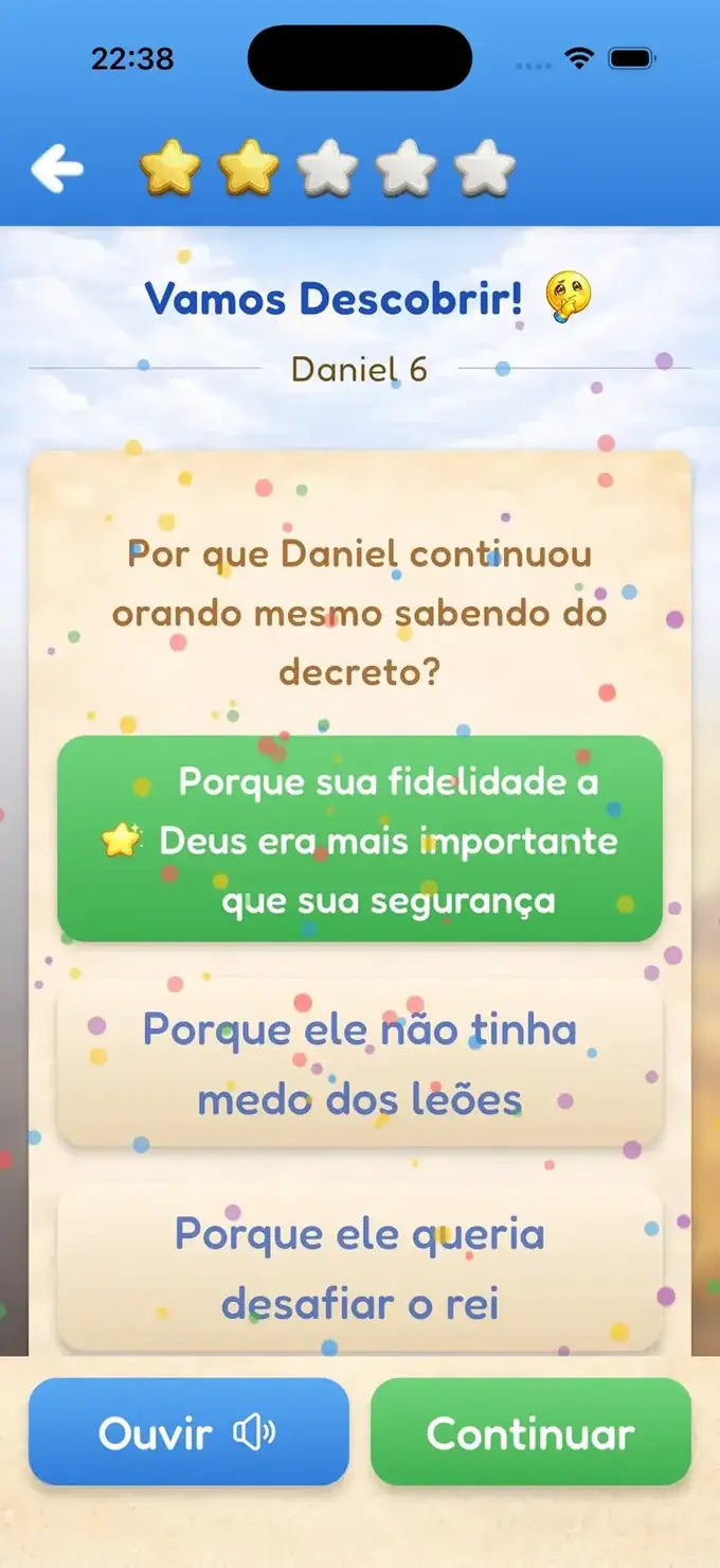 Tela do quiz com pergunta sobre o texto no Desafios da Bíblia Kids para iPhone