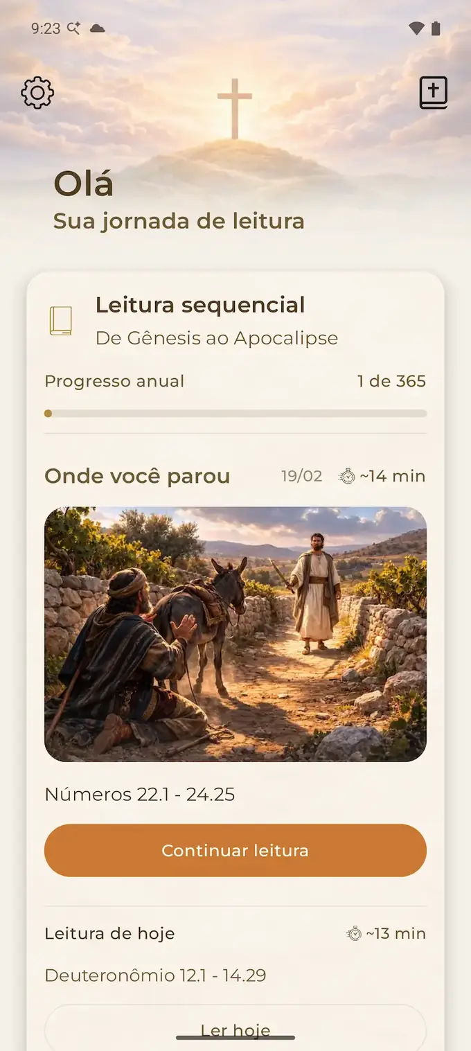Tela inicial do app Bíblia 365 com plano de leitura e progresso anual no Android