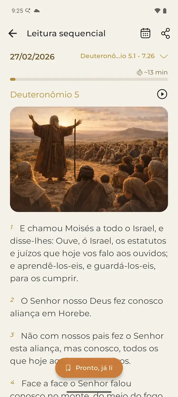 Tela de leitura dos versículos no app Bíblia 365 para Android