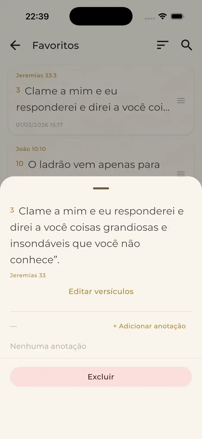 Tela para favoritar versículos no app Bíblia 365 para iPhone